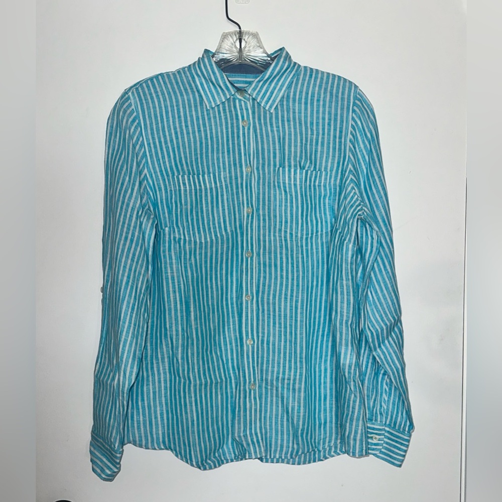 Talbots striped linen button up long sleeve small white and baby blue collared
